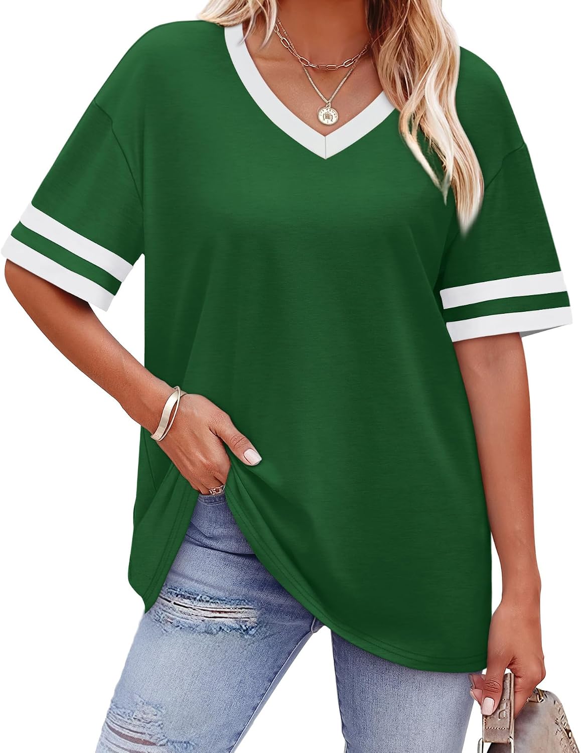 Womens T Shirts Loose Fit Short Sleeve Tees V Neck Color Block Summer Tops 2026 Fashion S-4XL