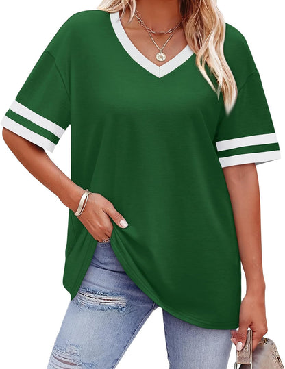 Womens T Shirts Loose Fit Short Sleeve Tees V Neck Color Block Summer Tops 2026 Fashion S-4XL