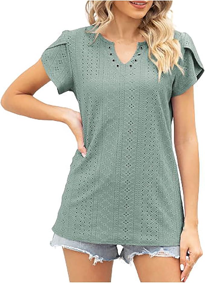 Blouses for Women Dressy Casual 2024 V Neck Petal Sleeve Eyelet Embroidery Boho Shirts Loose Fit Summer Vacation Tops