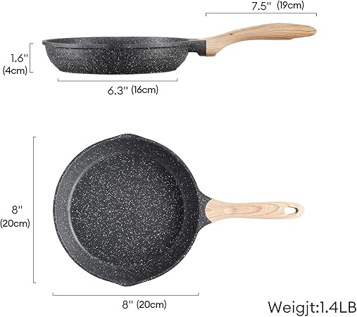 JEETEE Nonstick Frying Pans Skillet with Lid, 8" Granite Non-Stick Frying pan, Aluminum Pans with Bakelite Handle, Compatible with All Stovetops (Gas, Electric  Induction), Grey