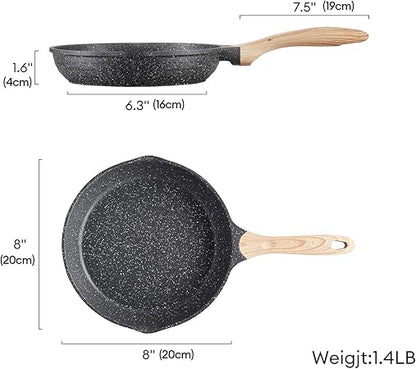 JEETEE Nonstick Frying Pans Skillet with Lid, 8" Granite Non-Stick Frying pan, Aluminum Pans with Bakelite Handle, Compatible with All Stovetops (Gas, Electric  Induction), Grey