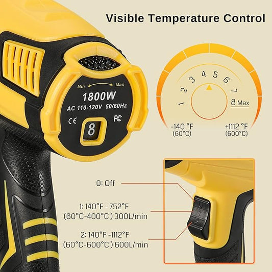 SainSmart Heat Gun, 1800W, Variable Temperature Control 120 F-1202 F, Fast Heat Hot Air Gun Soldering, with 4 Nozzles for Crafts, Epoxy Resin, Shrinking tubes, Stripping Paint, and Shrink Wrapping