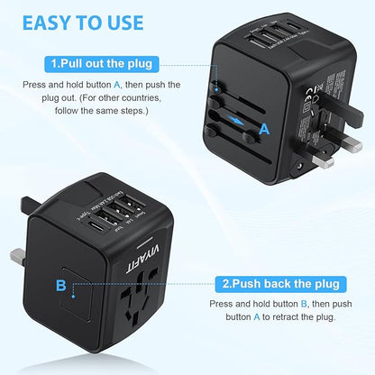 Universal International Travel Power Adapter, All in One Wall Charger with High Speed 2.4A 3xUSB, 3.0A Type-C, European Adapter, Worldwide AC Outlet Plugs for UK, CA, EU, AU, Asia (Gray Black)