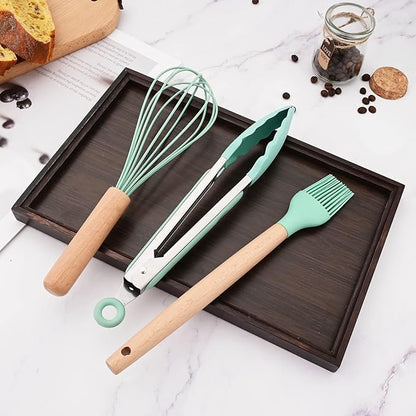 1pc Green Silicone Kitchen Tong, Stainless Steel Metal Food Tongs with Non-stick Silicone Tips for Serving Food, Locking Silicone Tong for Salad BBQ Serving Buffet Frying.