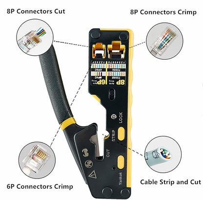 [6088 Pass Through Crimper] for RJ45 Pass-thru and RJ45 RJ12 RJ11 8P 6P Regular Network Connectors Crimp Strip Cut CAT5 CAT6 CAT7 Unshielded and Shielded Cables (Built-in Pass Thru Blade)