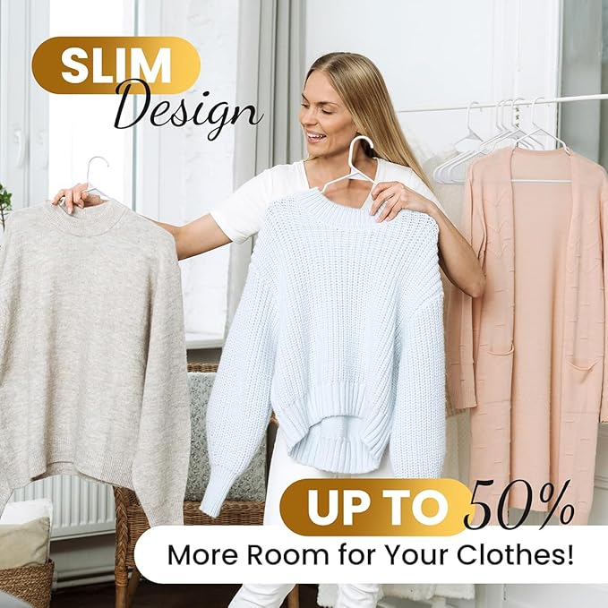 50 Pack Adult Plastic Hanger for Shirt Pants Coats Dresses Skirts Suits Jackets - Standard Thick Coat Hanger - Sturdy & Durable Design with Shoulder Grooves Hook - White