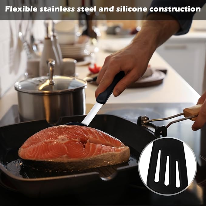 14" Silicone Fish Spatula, Large Grip Kitchen Turner Spatulas for Nonstick Cookware, Spatula Flipper Flexible Cooking Utensil for Flipping Fish, Egg, Pancake(Black)