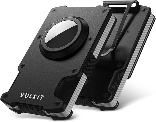 VULKIT Minimalist Slim Wallet for Mens with Money Clip- RFID Blocking with AirTag Holder Design Metal Wallet, Matte Black