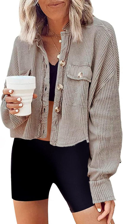 Women's Cropped Waffle Knit Shacket Short Button Down Jacket Batwing Sleeve Shirts with Pocket