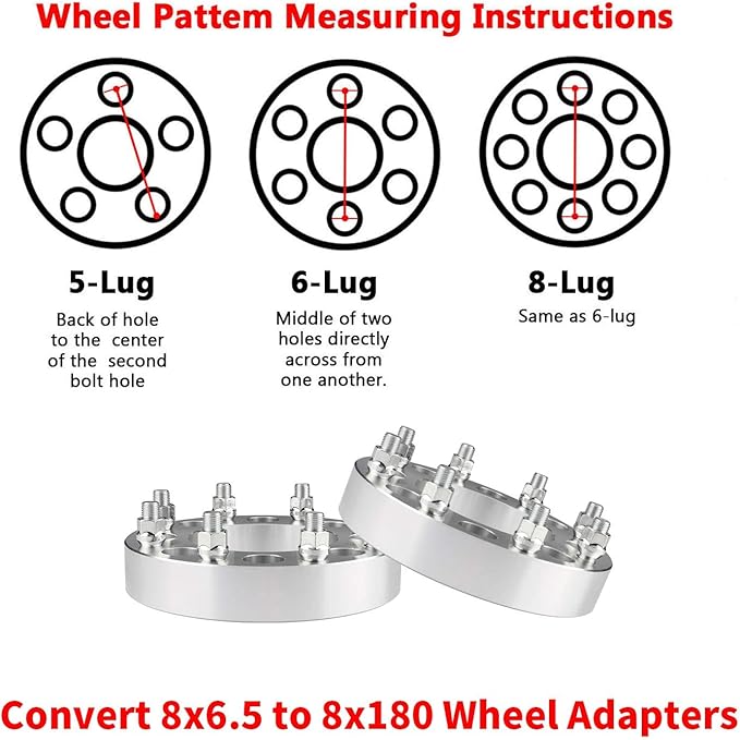 2pcs 8x6.5 to 8x180 Wheel Adapters, 1.5 Inch 8x165.1 to 8x180 Wheel Adapters 117mm Center core for 1999-2010 Silverado Sierra 2500 3500 HD with M14x1.5 Studs, Chrome