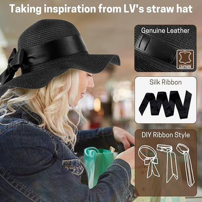 GNEGNI Straw Sun Hats for Women, Wide Brim Summer Beach Hat with Detachable Silk Tie, Foldable Floppy Hat - UV Sun Protection
