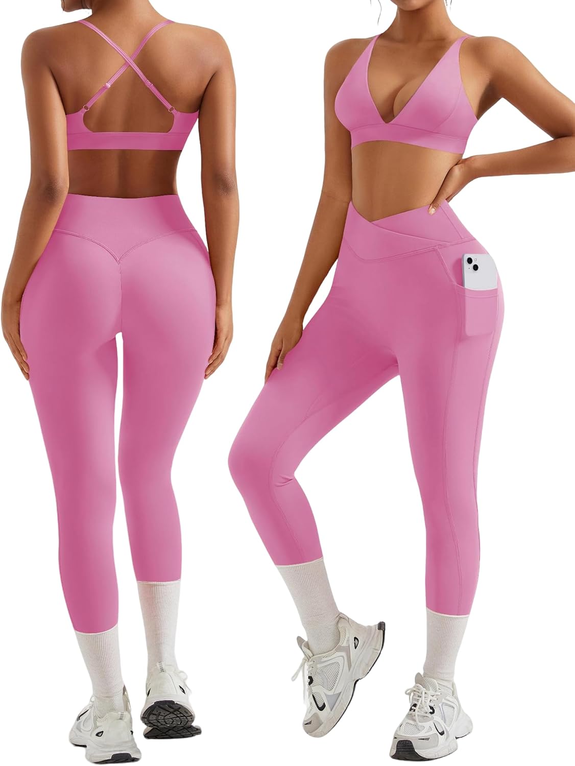 RXRXCOCO 2 Piece Workout Sets for Women Strappy Sports Bra Booty Leggings with Pockets Yoga Gym Outfits.