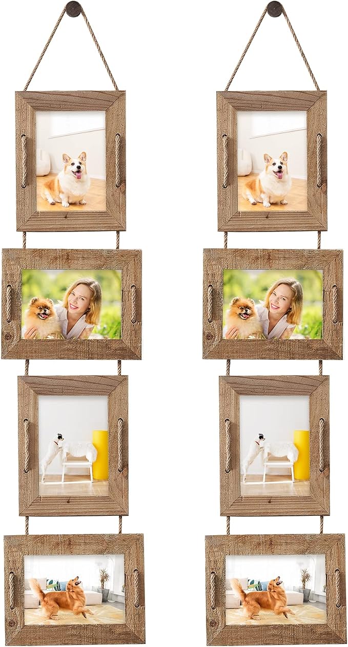 5x7 Picture Frames Rustic Solid Wood Hanging Picture Frames 4 Opening Photo Frame Display 4"x6" Pictures with Mat or 5"x7" Without Mat, 2 Pack Weathered Brown (1 frame missing its acrylic panel)