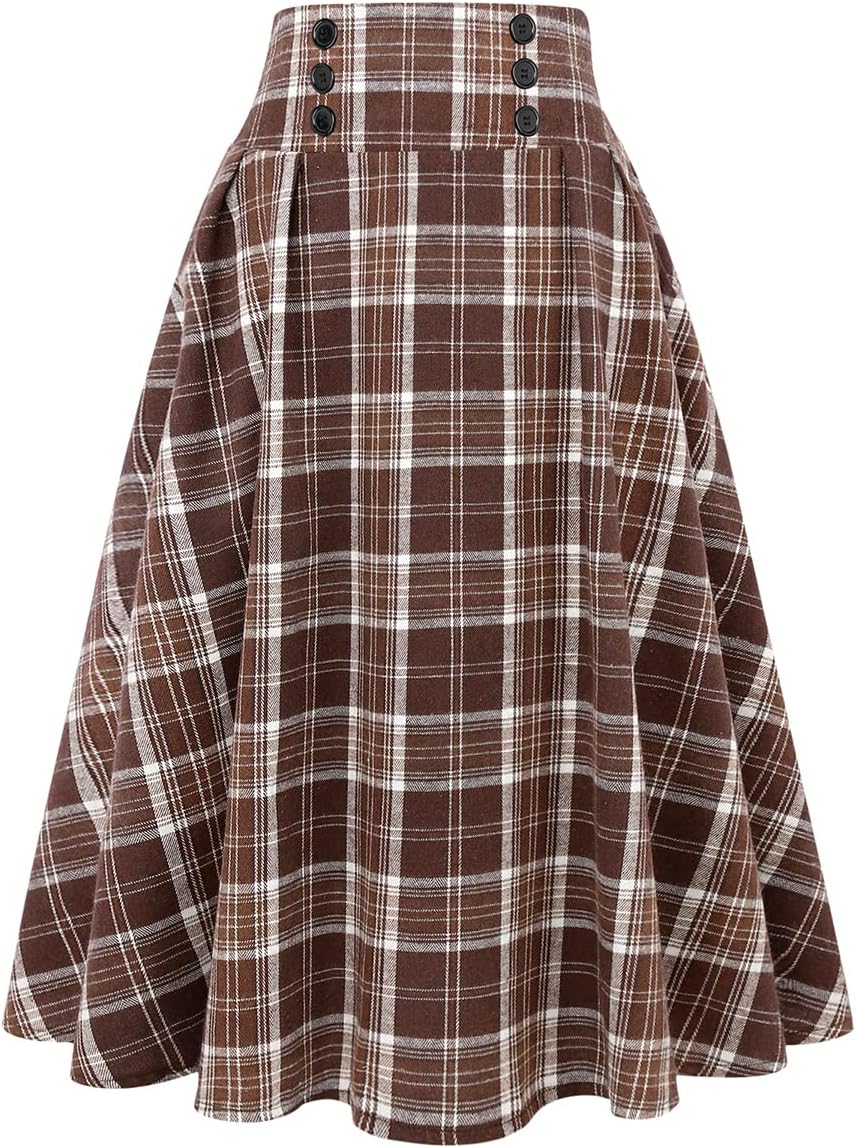 IDEALSANXUN Women's Plaid High Waist A-Line Pleated Midi Skirt