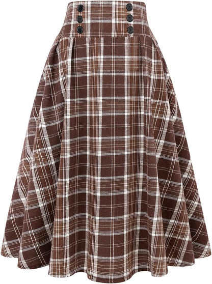 IDEALSANXUN Women's Plaid High Waist A-Line Pleated Midi Skirt