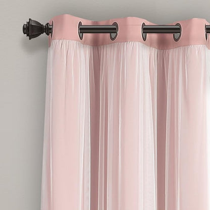 Lush Decor Sheer Grommet Curtains With Insulated Blackout Lining, Window Curtain Panels, Pair, 38"W x 84"L, Pink - Curtain With Sheer Overlay, Elegant Blackout Curtains for Bedroom