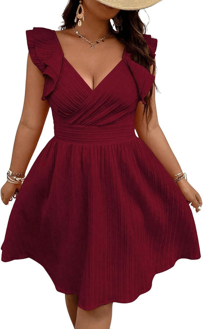 Floerns Women's Plus Size Wrap Front Sweetheart Neck Ruffle Cap Sleeve A Line Dress.