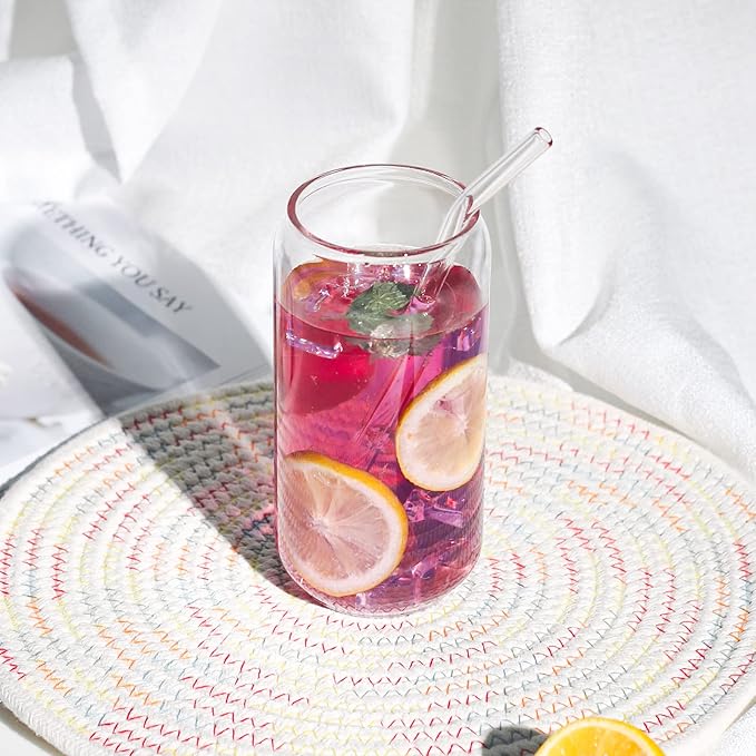 1 Pack Glass Cup, 16oz Drinking Glass with Bamboo Lid and Straw, Beer Tumbler for Mojito Soda Smoothies Whiskey Iced Coffee Cocktail Tea Juice