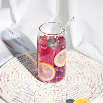 1 Pack Glass Cup, 16oz Drinking Glass with Bamboo Lid and Straw, Beer Tumbler for Mojito Soda Smoothies Whiskey Iced Coffee Cocktail Tea Juice