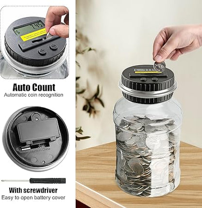 QPEY Coin Counter Piggy Bank, Coin Jar for Adults, Digital Counting Money Jar, 1.8L Capacity Coin Counter Machine with LCD Counter, Change Jars for Saving (Silver)