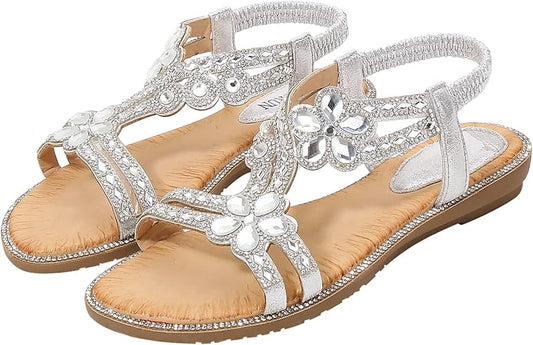 Women's Beaded Rhinestones Sandals T-Strap Bohemian Sandals Breathable Dressy Summer Shoes Outdoor