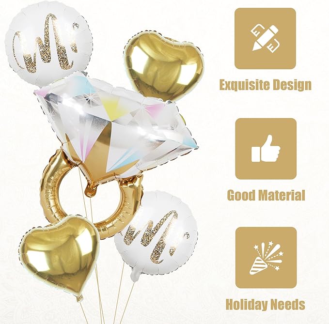 5Pcs Diamond Ring Wedding Balloons,White Mr Aluminum Foil Balloons Gold Heart Mylar Balloons for Wedding, Marriage Engagement, Bridal Shower Party Decorations