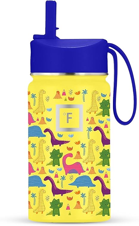 IRON FLASK Kids Water Bottle - Straw Lid, 20 Name Stickers, Vacuum Insulated Stainless Steel, Double Walled Tumbler Travel Cup, Thermos Mug - Dino Mates, 14 Oz