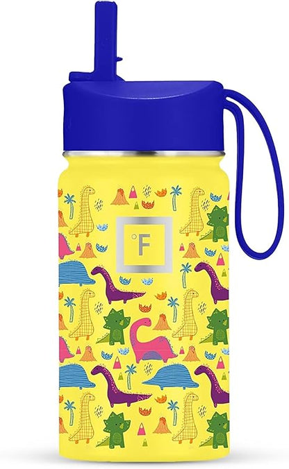 IRON FLASK Kids Water Bottle - Straw Lid, 20 Name Stickers, Vacuum Insulated Stainless Steel, Double Walled Tumbler Travel Cup, Thermos Mug - Dino Mates, 14 Oz