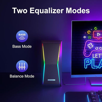 Computer Speakers, Bluetooth 5.0 Hi-Fi Stereo PC Speakers, 4 Dynamic Lighting Modes, AC Adapter Powered and 3.5mm AUX-in Computer Speakers for Desktop PC, Monitor, Laptop, Tablet, Phone