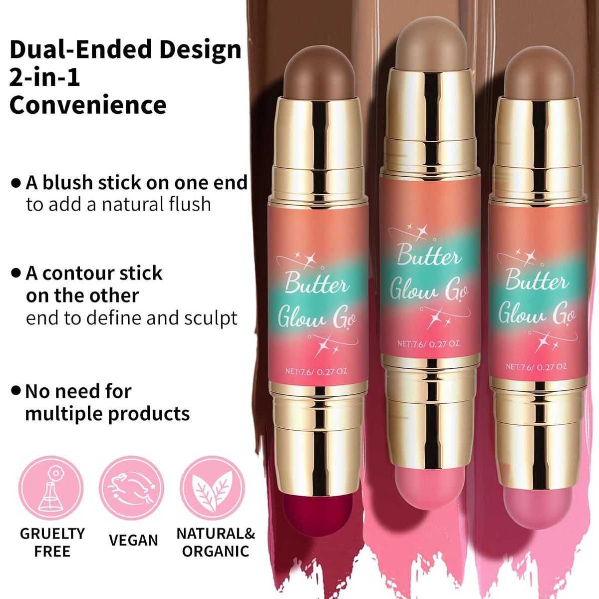 Dual-Ended Blush and Bronzer Stick – 2-in-1 Creamy Face Cheeks Contour Makeup, Smooth Hydrating Formula, Buildable Color for Natural Radiant Glow Beauty For Women (Beachy Pink)