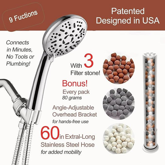 9 Modes High Pressure Handheld Shower Head with Hard Water Softening Filter to Remove Chlorine and Other Compounds, Reduces Dry Itchy Skin, Includes Hoses