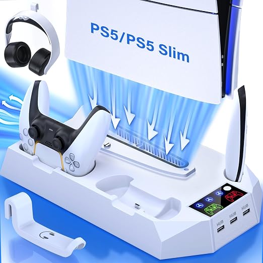 PS5 Slim Cooling Station with Controller Charging Station for PlayStation 5 Console Slim&Standard Disc/Digital, PS5 Cooling Stand Accessories with Cooler Fan/3 USB Hubs/Media&Headset Holder/Screw