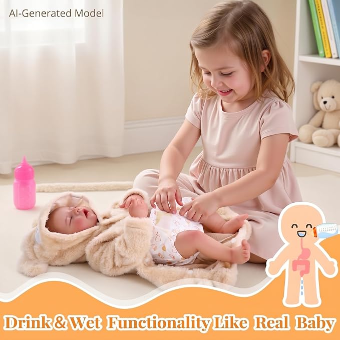 BABESIDE 17 Inch Drink and Wet Reborn Baby Doll, Full Soft Vinyl Girl | Closed-Eye Newborn Look, Realistic Details, Bear Outfit, Feeding and Diaper-Changing Play, Gift for Kids Ages 3+