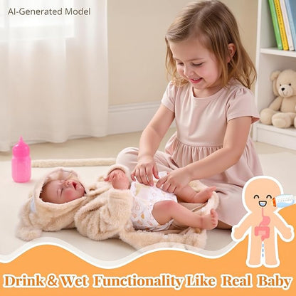 BABESIDE 17 Inch Drink and Wet Reborn Baby Doll, Full Soft Vinyl Girl | Closed-Eye Newborn Look, Realistic Details, Bear Outfit, Feeding and Diaper-Changing Play, Gift for Kids Ages 3+