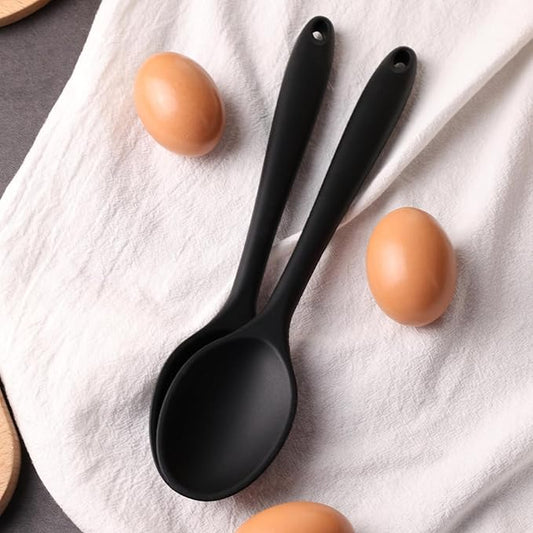 HAKSEN 2PCS Black Silicone Spoons, Heat Resistant Spoons Silicone Cooking Spoon for Kitchen Cooking Serving Baking Stirring