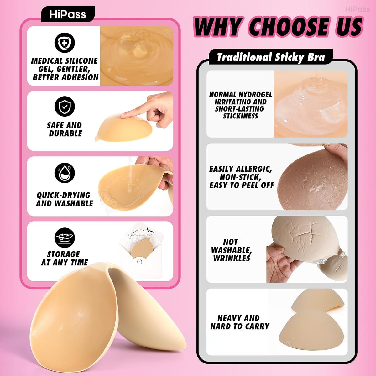 Hipass Adhesive Sticky Bra, Push Up Invisible Bras for Backless Strapless Dress?Reusable Wireless Breast Lift Bras for Women
