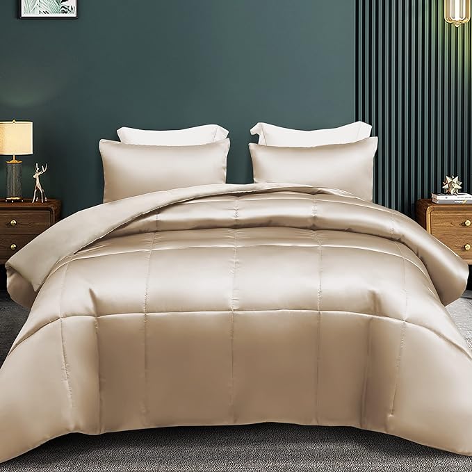Whale Flotilla 3-Piece Reversible Silky Soft Queen Comforter Bedding Set, Luxurious Satin Comforters Full Size with 2 Satin Pillowcases, Lightweight Duvet for All Seasons, Champagne