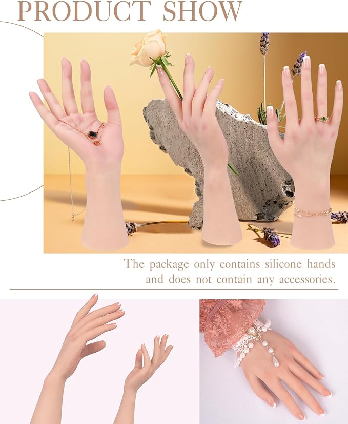 KUMIHO Realistic Silicone Female Hand Model Fake Hand for Jewelry Display Tattoo Training Practice Art Sketch with Nails, 1 Pair -with Skeleton