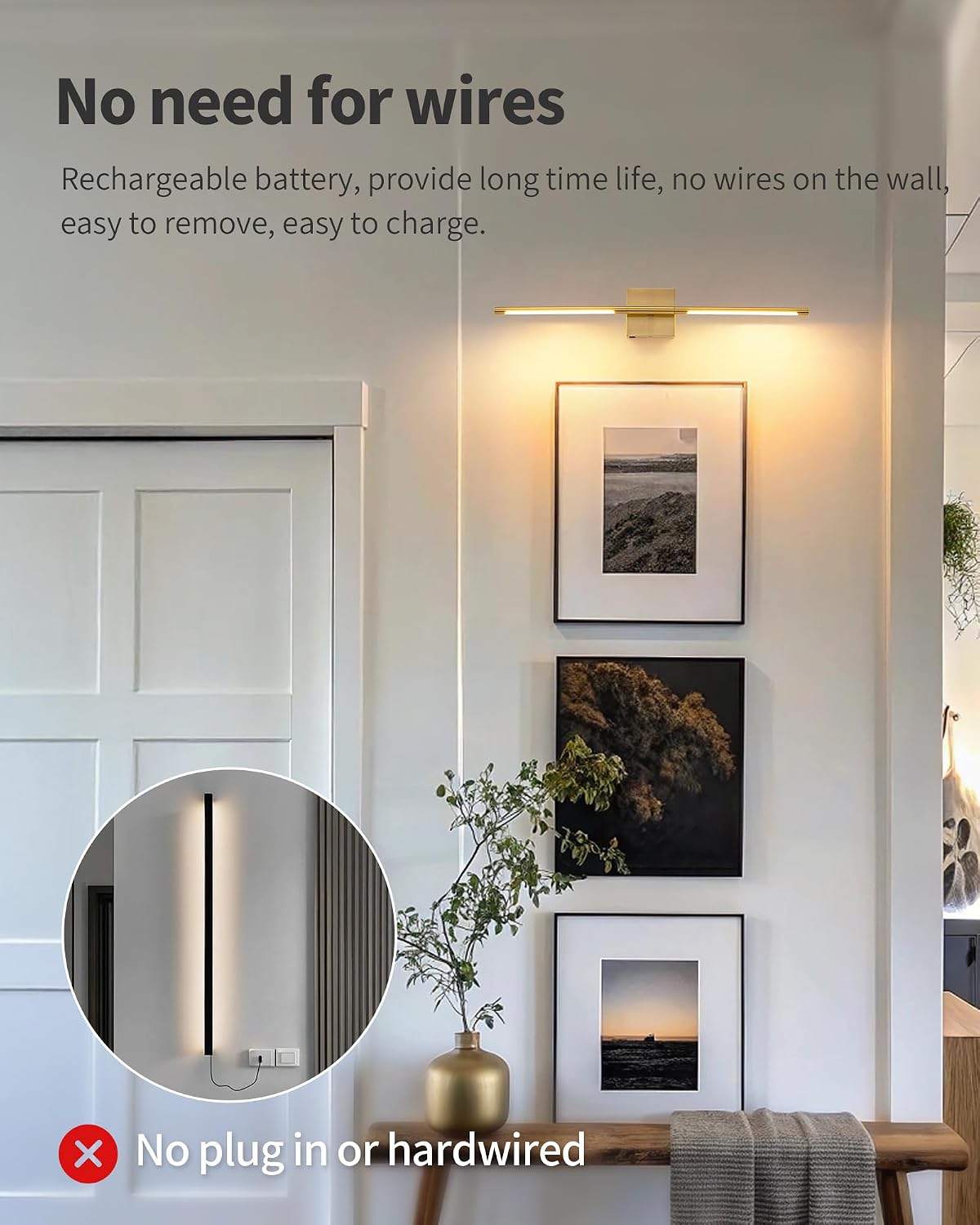 KDG Cordless Wall Sconces Set of 2, Wireless 5200mAh Rechargeable Battery Operated LED Wall Lamps with Remote, 360° Rotate Lightings for Wall Painting, Bedroom, Hallway, Night Light 23.6 inch (Nickel