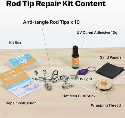 OJYDOIIIY Fishing Rod Tip Repair Kit with Glue,Complete Supplies for Fishing Pole Tip Replacement with Fishing Rod Epoxy,Top Eyelets and Wrapping Thread