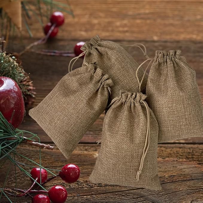 Yisowank 15PCS Burlap Drawstring Gift Bags,5x7 inch Pouch Bags Small Party Favor Gift Bags for Wedding Christmas Birthday Bridal Shower Anniversary Thanksgiving (5 x 7 inch, Log Color)