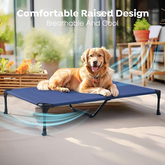 Veehoo Outdoor Elevated Dog Cot Bed, Cooling Raised Pet Bed for X-Large Dog, Washable Breathable Mesh Hammock Bed with No-Slip Feet, Indestructible Ground Off Training Platform Cot-49"x33" Blue