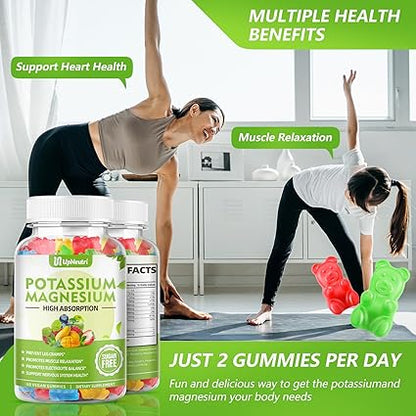Potassium Magnesium Supplement Gummies for Adults Kids, Sugar-Free Potassium Gummies Supports Leg Cramps  Muscle  Immune Health, High Absorption Vegan Magnesium Gummies 5 Fruit Flavor 60 Cts