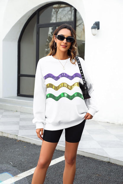 LUKYCILD Mardi Gras Sweatshirt Women Stripes Fat Tuesday Shirt Mask Graphic Carnival Long Sleeve Tee New Orleans Party Top