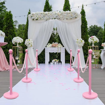 Ferraycle 4 Pcs Stainless Steel Stanchions Post Queue 38 Inch, 5 ft Velvet Rope Carpet Ropes and Pole, Control Barriers for Wedding Birthday Party Decoration Sand Injection Hollow Base Set (Pink)