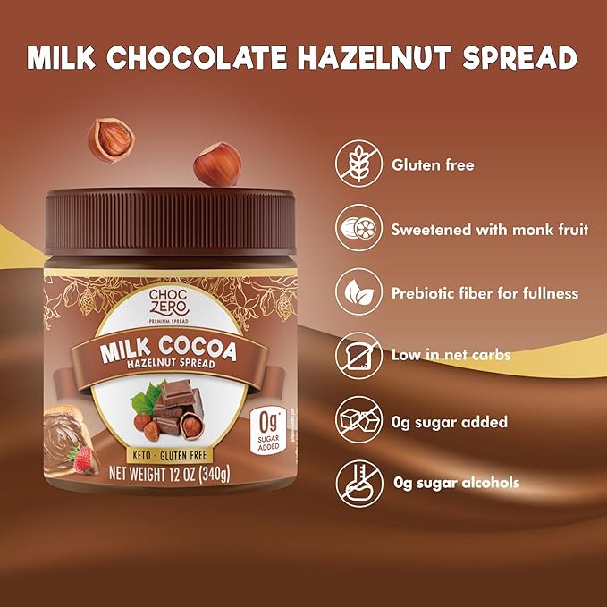ChocZero Milk Chocolate Hazelnut Spread - Keto Friendly, No Sugar Added, Best Low Carb Dessert, Perfect Topping for Almond Flour Pancakes, Naturally Sweetened with Monk Fruit (1 jar, 12 oz)