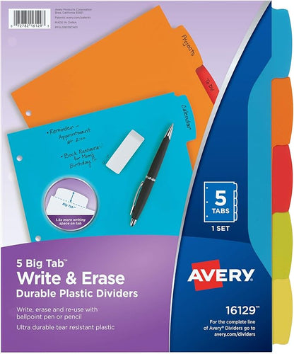 Avery Big Tab Write  Erase Durable Plastic Dividers for 3 Ring Binders, 5-Tab Set, Bright Multicolor, 1 Set (16129)