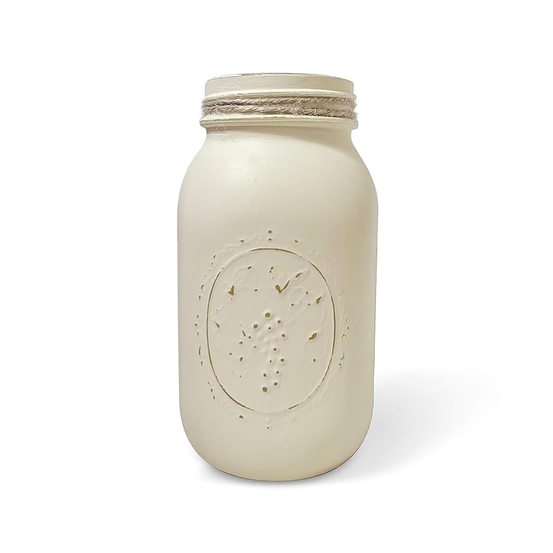 Ivory - Hand Painted and Distressed Mason Jar - Quart 32 oz. Regular Mouth, Rustic Farmhouse Painted Mason Jars, Vase For Wedding Centerpiece, Painted Mason Jar Quart, Rustic Mason Jars for Wedding