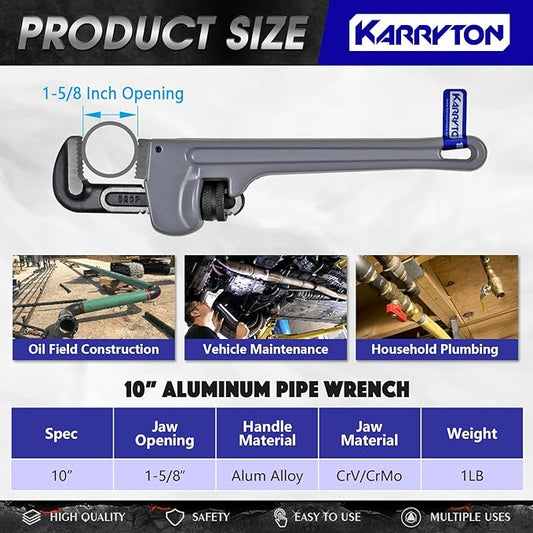 10 Inch Aluminum Pipe Wrench, 1-58"41mm Adjustable Cr-Mo Jaw Opening Heavy Duty Straight Handle Plumbing Wrenches, Perfect Plumbers Tool Exceed GGG Standard