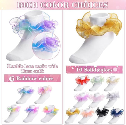 Lasnten 15 Pairs Ruffle Socks for Toddler Girls Double Lace Socks Bulk Turn Cuff Big Ruffle for Infant Toddler and Kids